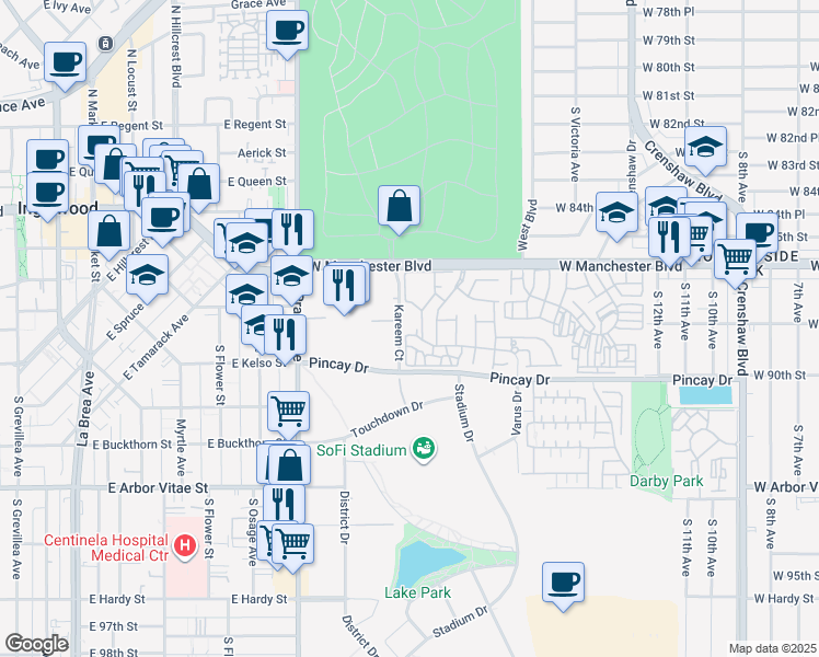 map of restaurants, bars, coffee shops, grocery stores, and more near 8725 Beckenham Lane in Inglewood