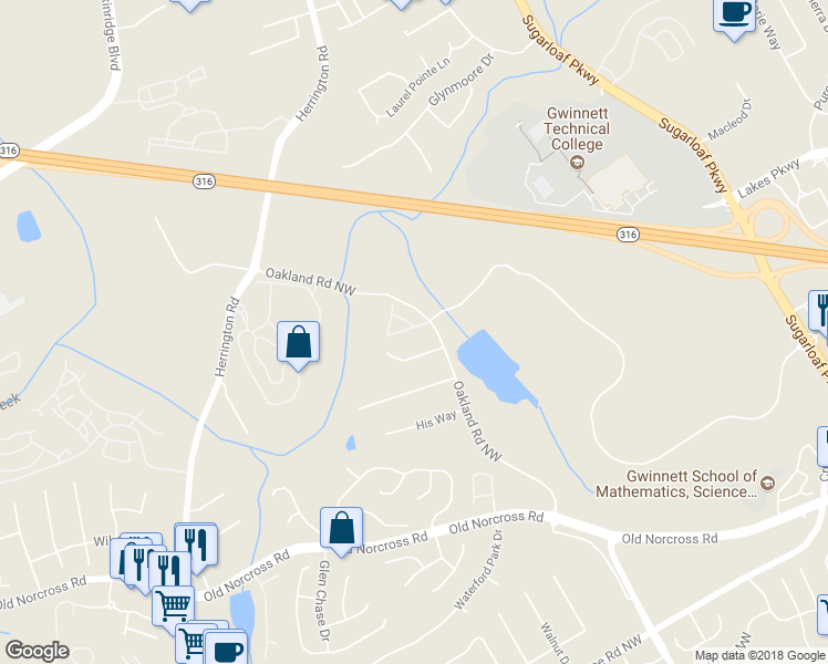 map of restaurants, bars, coffee shops, grocery stores, and more near 2174 Hawks Bluff Tr Northwest in Lawrenceville
