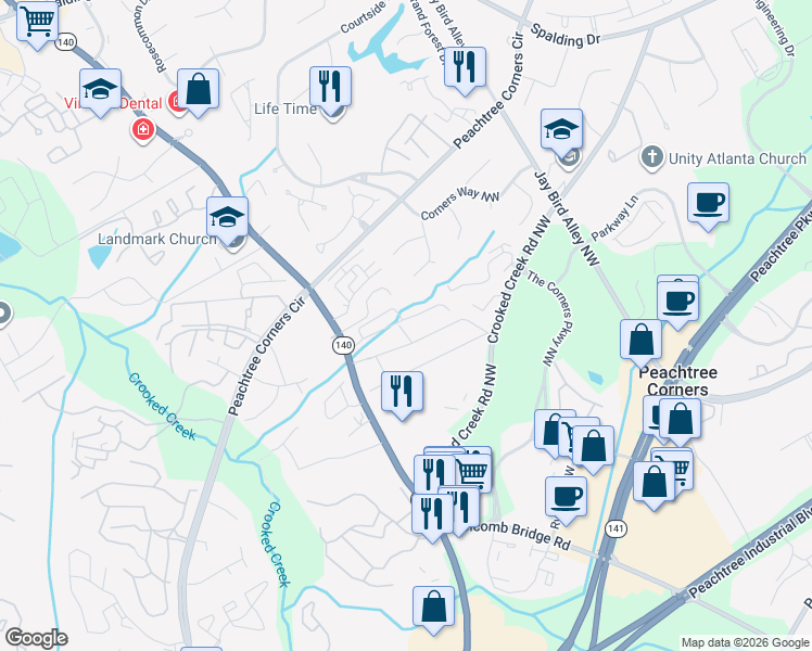 map of restaurants, bars, coffee shops, grocery stores, and more near 6185 Woodland Road Northwest in Norcross