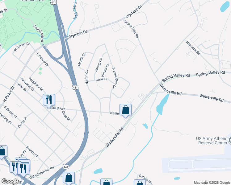 map of restaurants, bars, coffee shops, grocery stores, and more near 285 Washington Drive in Athens