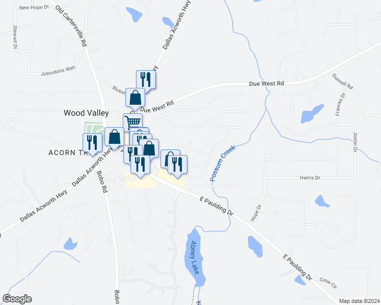 map of restaurants, bars, coffee shops, grocery stores, and more near 97 Candy Lilly Lane in Dallas