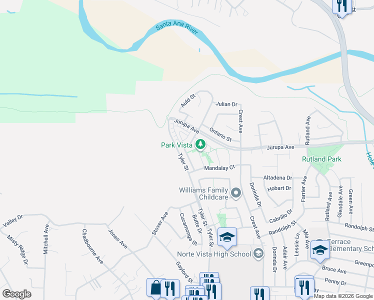 map of restaurants, bars, coffee shops, grocery stores, and more near 10190 Medallion Place in Riverside