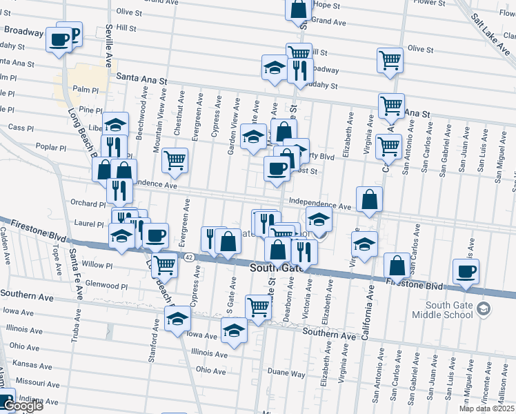 map of restaurants, bars, coffee shops, grocery stores, and more near 3169 Independence Avenue in South Gate