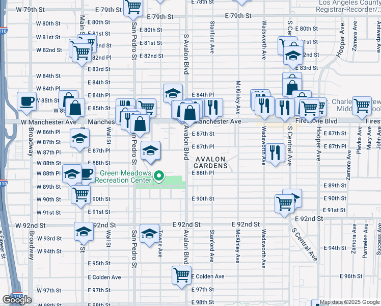 map of restaurants, bars, coffee shops, grocery stores, and more near 613 East 87th Place in Los Angeles