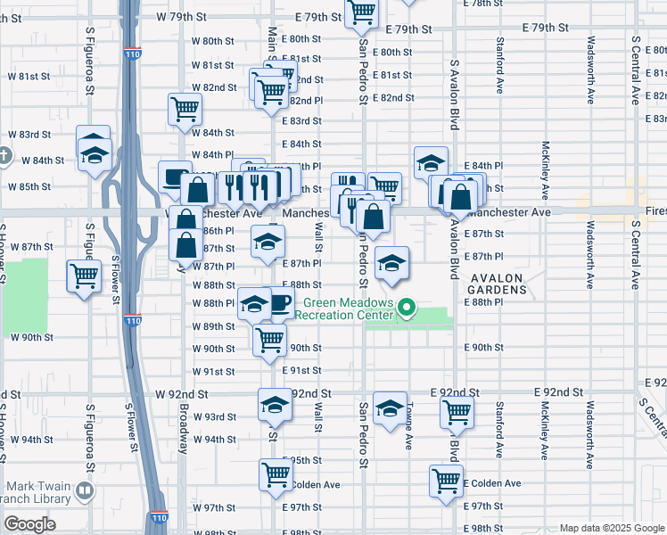 map of restaurants, bars, coffee shops, grocery stores, and more near 237 East 87th Place in Los Angeles