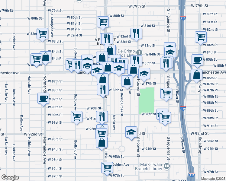 map of restaurants, bars, coffee shops, grocery stores, and more near 8710 Menlo Avenue in Los Angeles