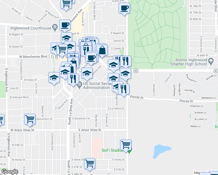 map of restaurants, bars, coffee shops, grocery stores, and more near 716 East Nutwood Street in Inglewood