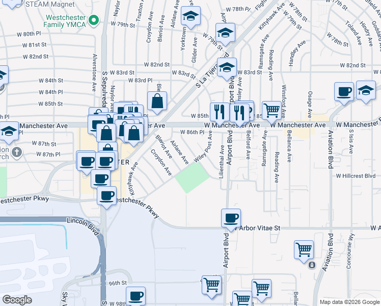 map of restaurants, bars, coffee shops, grocery stores, and more near 8700 Yorktown Avenue in Los Angeles