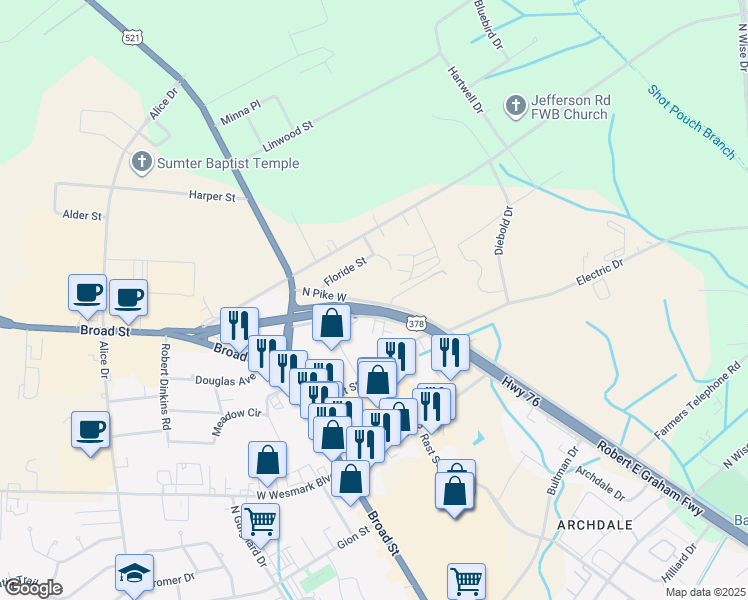 map of restaurants, bars, coffee shops, grocery stores, and more near 1151 North Pike West in Sumter