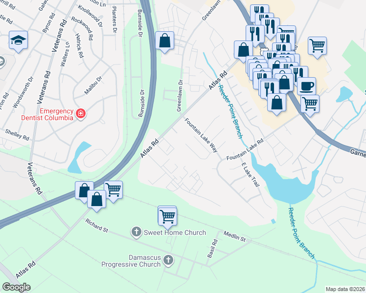 map of restaurants, bars, coffee shops, grocery stores, and more near 193 Springway Drive in Columbia