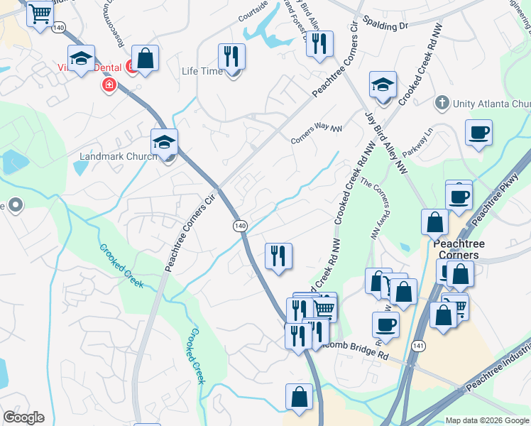 map of restaurants, bars, coffee shops, grocery stores, and more near 6217 Summit Trail in Norcross