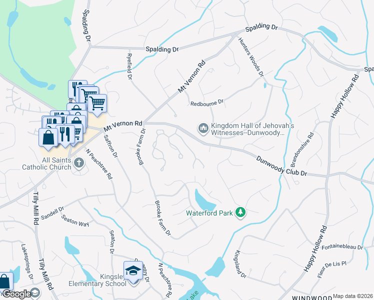 map of restaurants, bars, coffee shops, grocery stores, and more near 2341 Briarleigh Way in Dunwoody