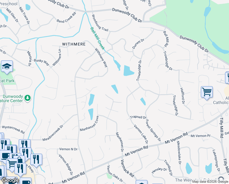 map of restaurants, bars, coffee shops, grocery stores, and more near 1646 Manhasset Farm Road in Dunwoody