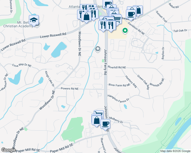 map of restaurants, bars, coffee shops, grocery stores, and more near 357 Fairbrook Circle in Marietta