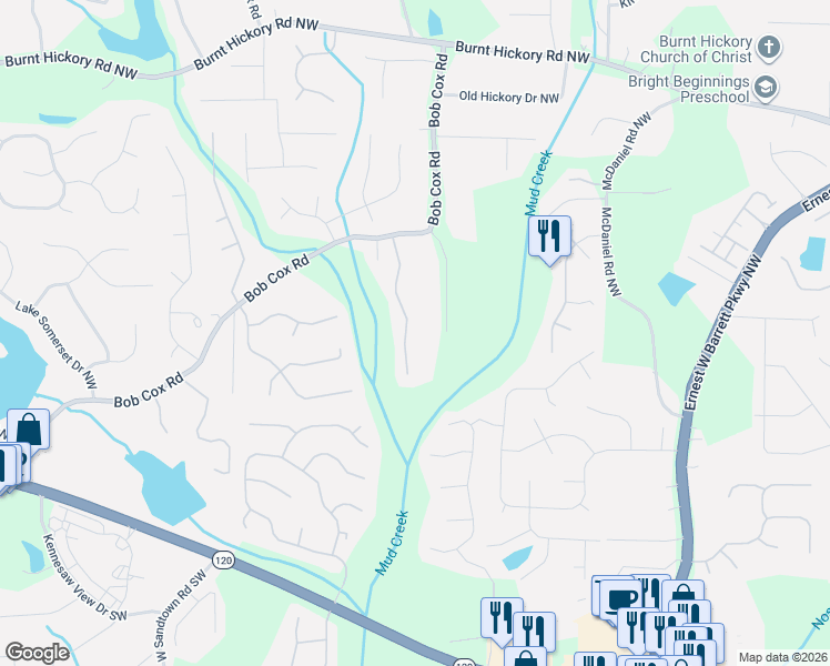 map of restaurants, bars, coffee shops, grocery stores, and more near 170 Cox Farm Road Northwest in Marietta