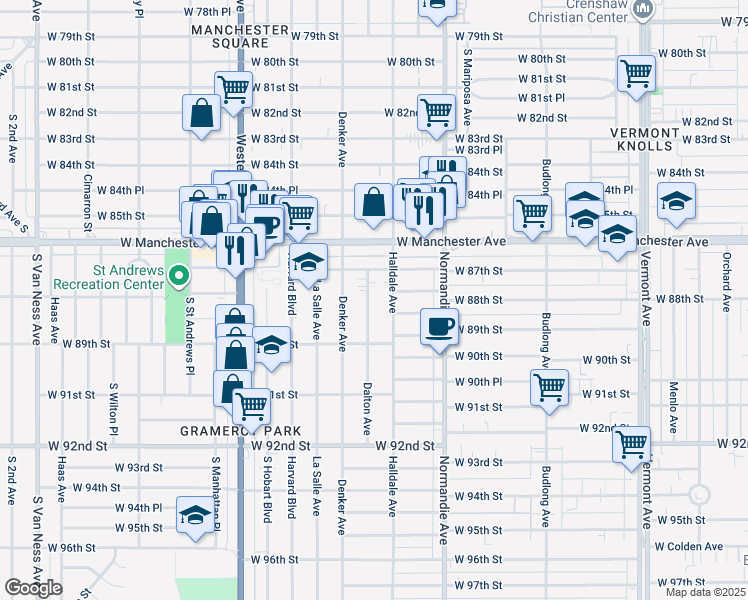 map of restaurants, bars, coffee shops, grocery stores, and more near 8734 Dalton Avenue in Los Angeles