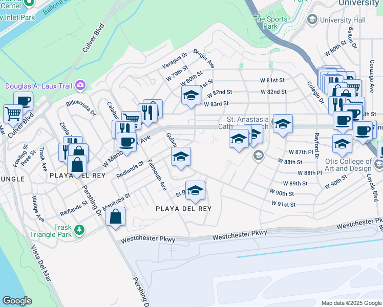 map of restaurants, bars, coffee shops, grocery stores, and more near 8640 Gulana Avenue in Los Angeles