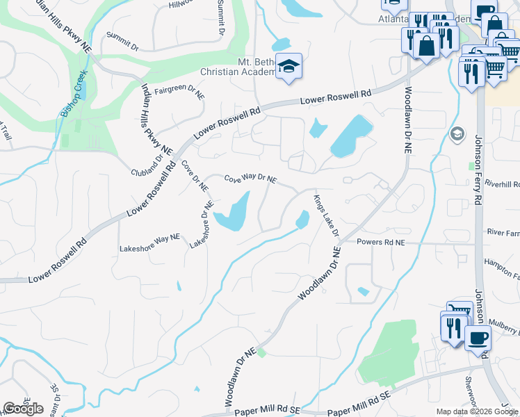 map of restaurants, bars, coffee shops, grocery stores, and more near Cove Island Way Northeast in Cobb County