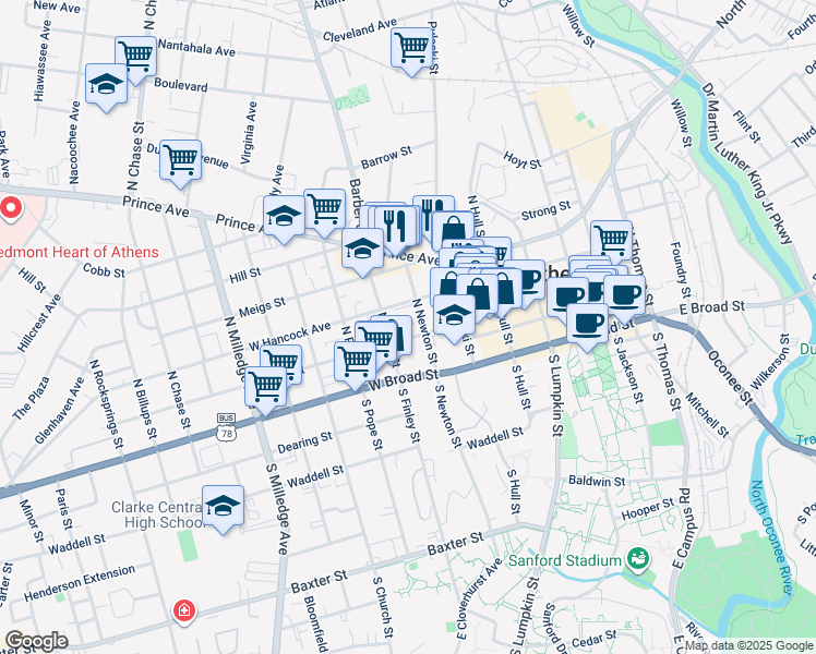 map of restaurants, bars, coffee shops, grocery stores, and more near 393 West Hancock Avenue in Athens