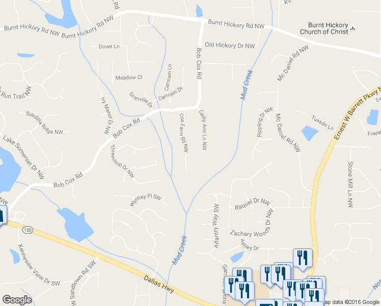 map of restaurants, bars, coffee shops, grocery stores, and more near 170 Cox Farm Road Northwest in Marietta