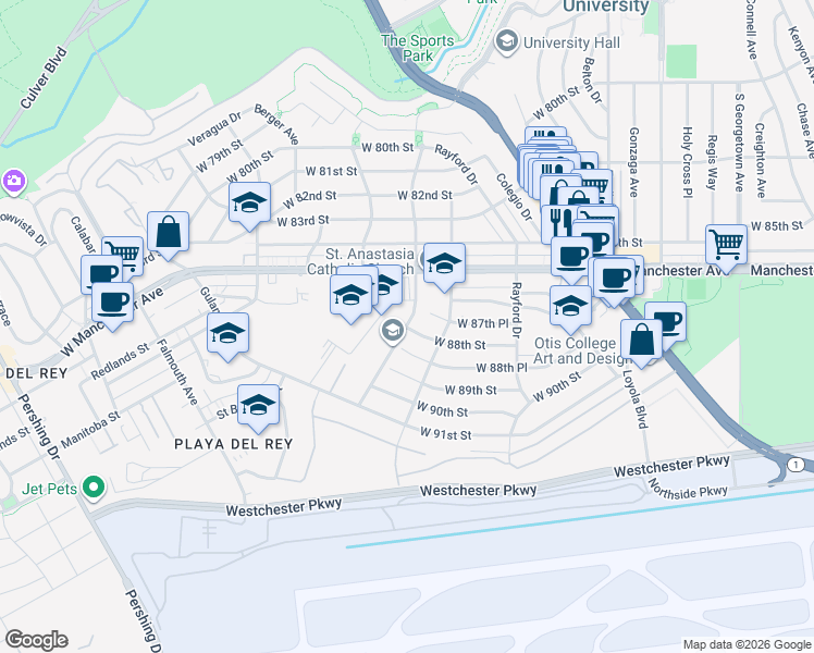 map of restaurants, bars, coffee shops, grocery stores, and more near 8701 Park Hill Drive in Los Angeles