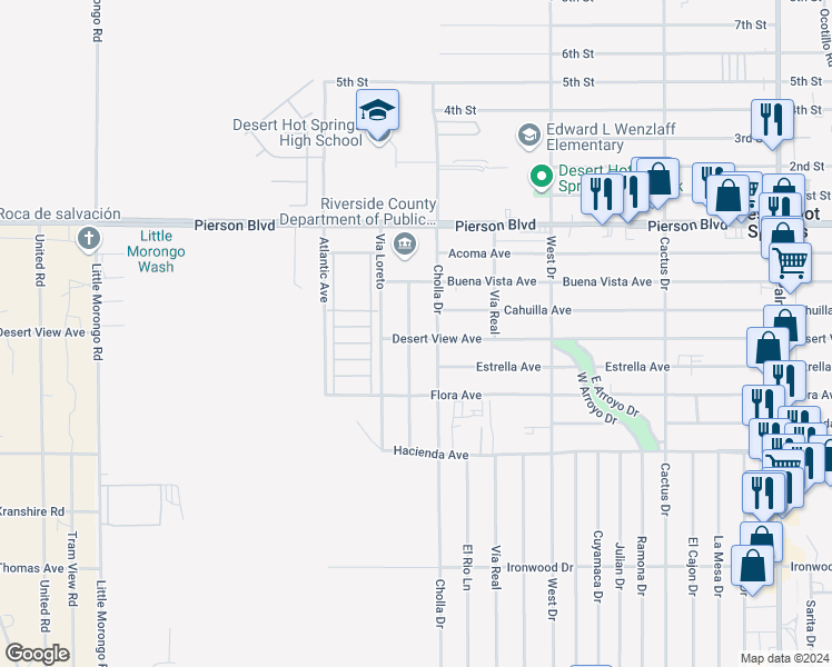 map of restaurants, bars, coffee shops, grocery stores, and more near 12518 Sylvanus Drive in Desert Hot Springs