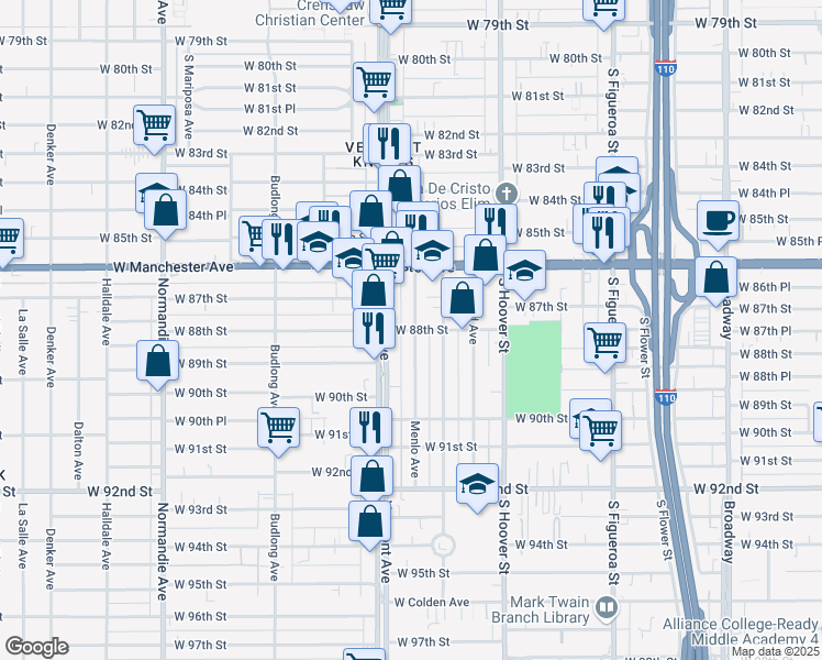 map of restaurants, bars, coffee shops, grocery stores, and more near 957 West 88th Street in Los Angeles
