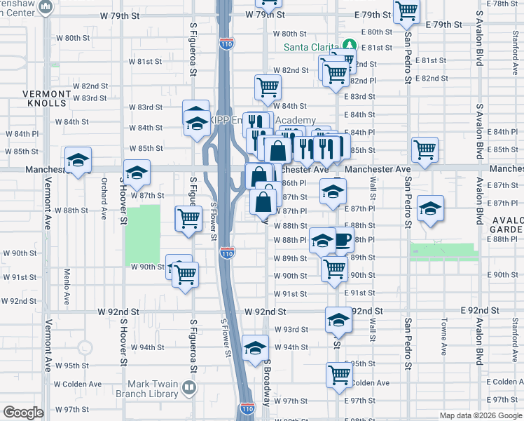 map of restaurants, bars, coffee shops, grocery stores, and more near 8727 South Broadway in Los Angeles