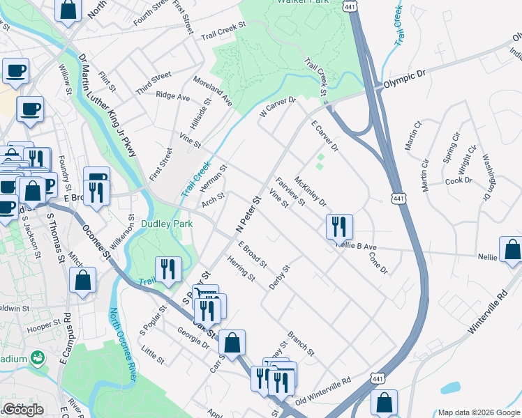 map of restaurants, bars, coffee shops, grocery stores, and more near 227 Arch Street in Athens