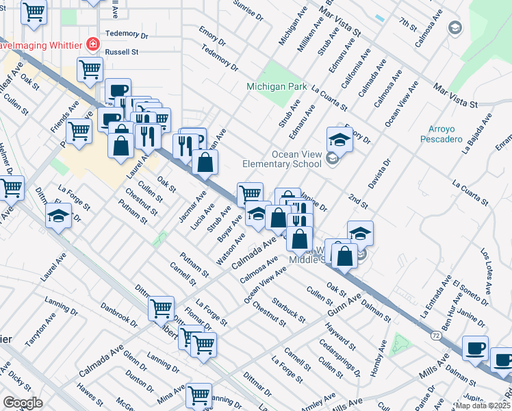 map of restaurants, bars, coffee shops, grocery stores, and more near 14022 Christine Drive in Whittier