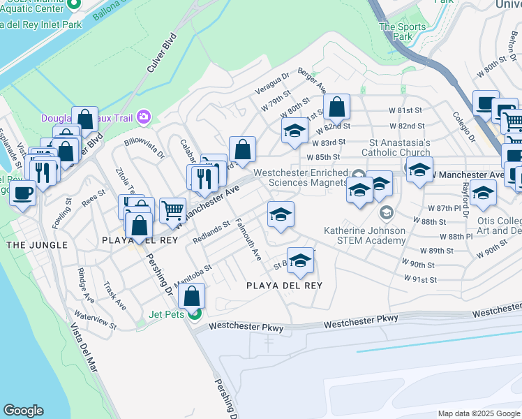 map of restaurants, bars, coffee shops, grocery stores, and more near 8025 Redlands Street in Los Angeles