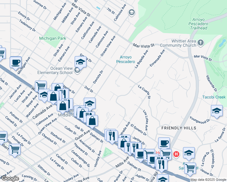 map of restaurants, bars, coffee shops, grocery stores, and more near 14617 Montevideo Drive in Whittier