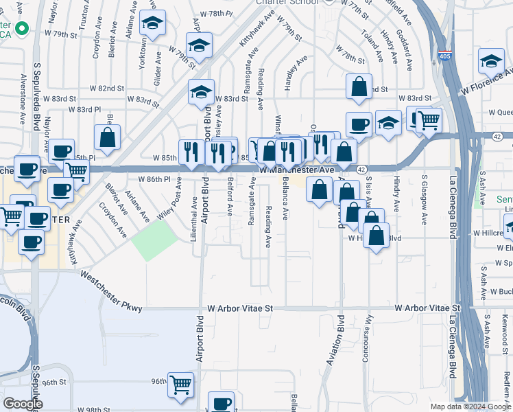 map of restaurants, bars, coffee shops, grocery stores, and more near Ramsgate Avenue in Los Angeles