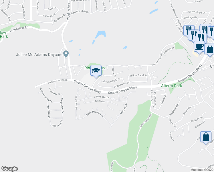map of restaurants, bars, coffee shops, grocery stores, and more near 4370 Saint Andrews Drive in Chino Hills