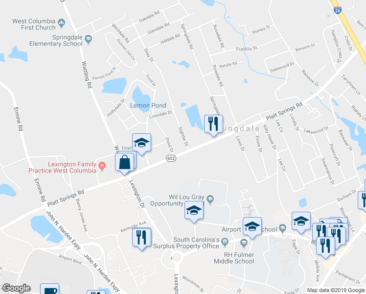 map of restaurants, bars, coffee shops, grocery stores, and more near 3206 Platt Springs Road in West Columbia