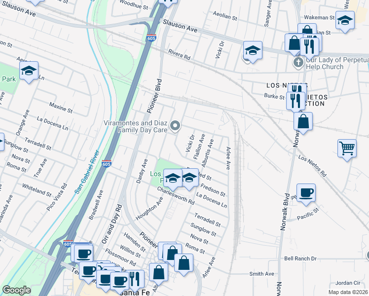 map of restaurants, bars, coffee shops, grocery stores, and more near 9241 Vicki Drive in Santa Fe Springs