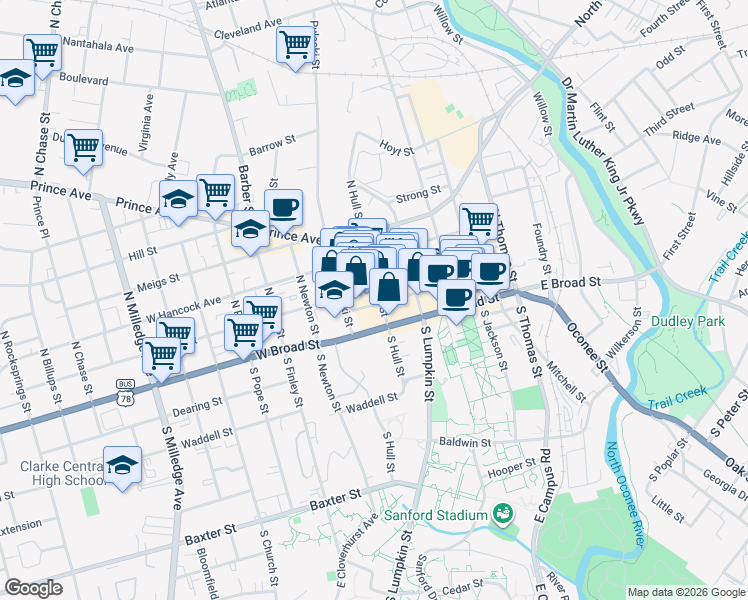 map of restaurants, bars, coffee shops, grocery stores, and more near 269 North Hull Street in Athens