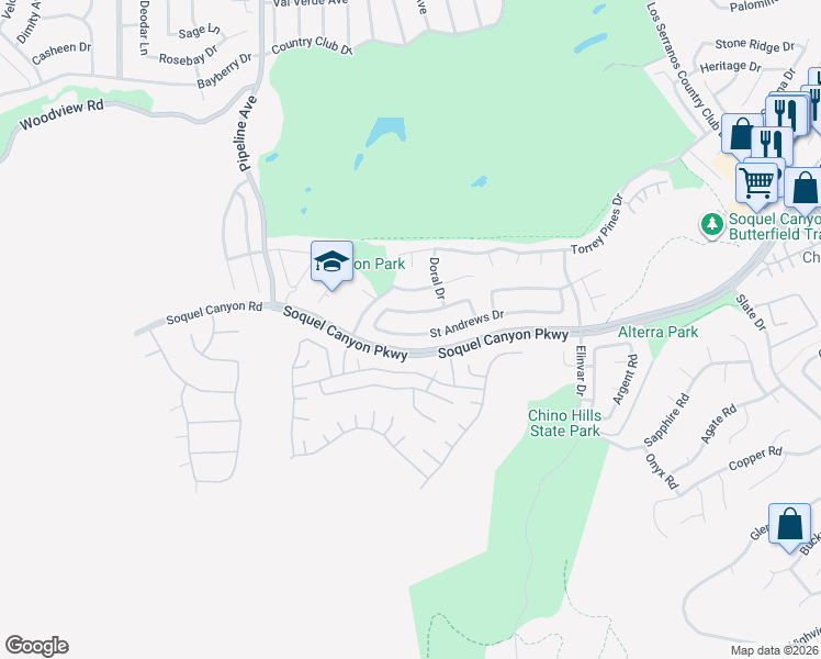 map of restaurants, bars, coffee shops, grocery stores, and more near 4370 Saint Andrews Drive in Chino Hills