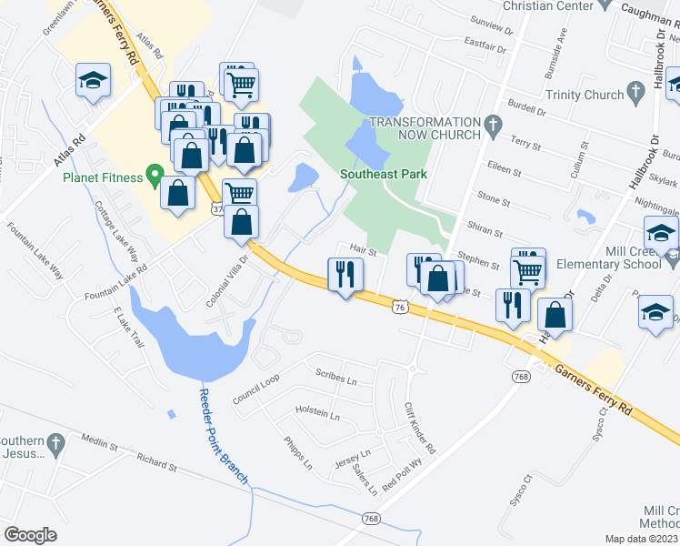 map of restaurants, bars, coffee shops, grocery stores, and more near 7700 Garners Ferry Road in Columbia