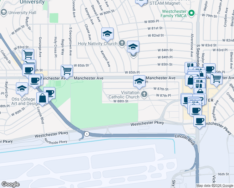 map of restaurants, bars, coffee shops, grocery stores, and more near 6706 West 87th Street in Los Angeles