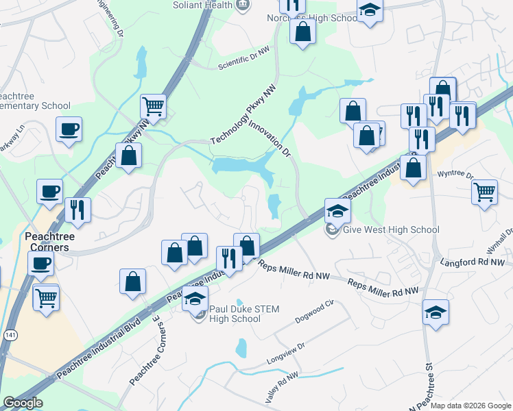 map of restaurants, bars, coffee shops, grocery stores, and more near 520 Guthridge Court Northwest in Norcross