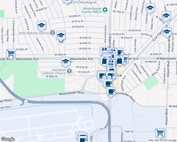 map of restaurants, bars, coffee shops, grocery stores, and more near 6429 West 87th Place in Los Angeles