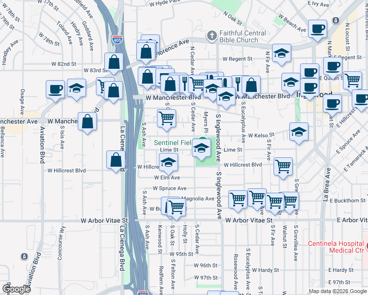 map of restaurants, bars, coffee shops, grocery stores, and more near 517 Lime Street in Inglewood