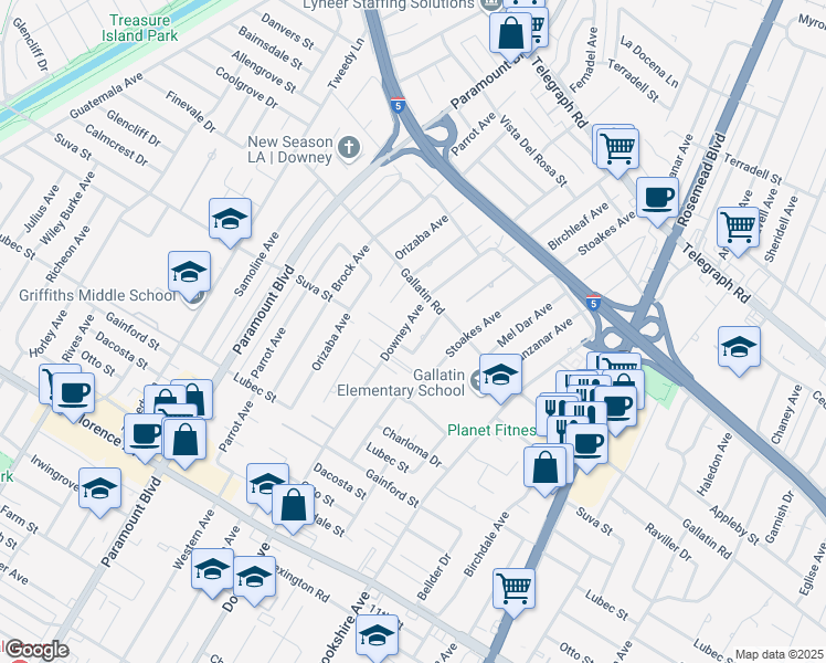 map of restaurants, bars, coffee shops, grocery stores, and more near 9404 Downey Avenue in Downey