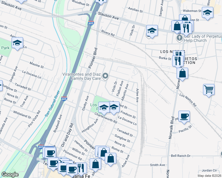 map of restaurants, bars, coffee shops, grocery stores, and more near 9241 Vicki Drive in Santa Fe Springs