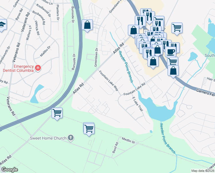 map of restaurants, bars, coffee shops, grocery stores, and more near 140 Pine Mast Court in Columbia