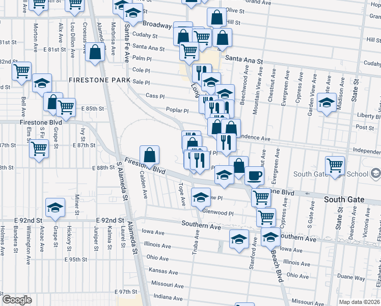 map of restaurants, bars, coffee shops, grocery stores, and more near 8620 Santa Fe Avenue in South Gate