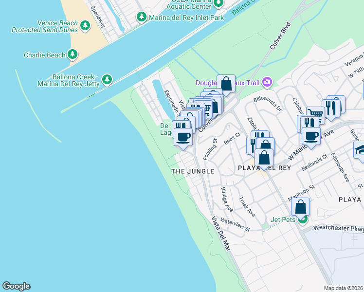 map of restaurants, bars, coffee shops, grocery stores, and more near 149 Culver Boulevard in Los Angeles