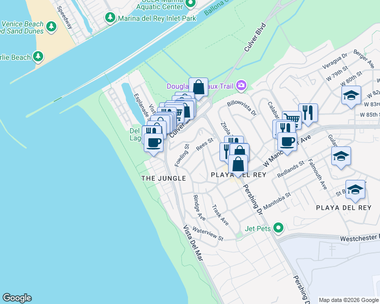 map of restaurants, bars, coffee shops, grocery stores, and more near 249 Rees Street in Los Angeles