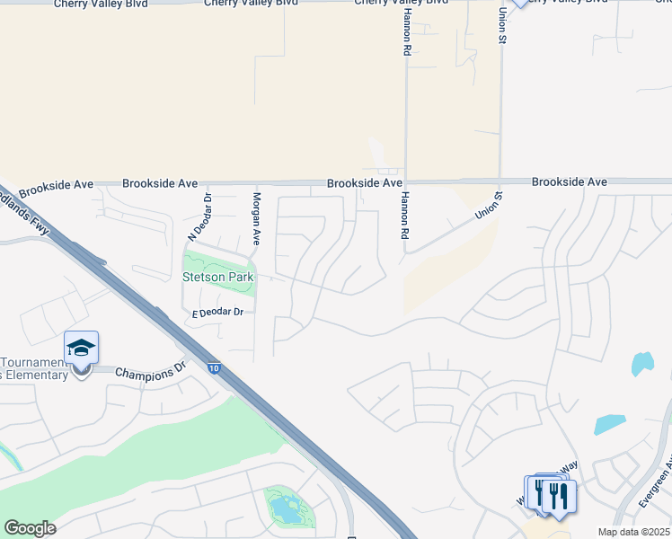 map of restaurants, bars, coffee shops, grocery stores, and more near 1726 Snowberry Road in Beaumont